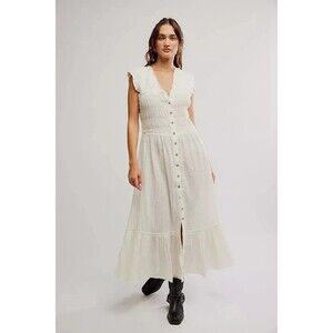 Free People Desert Dazed Midi Dress Buttondown Ruffle Smocked Gauzy S 285438